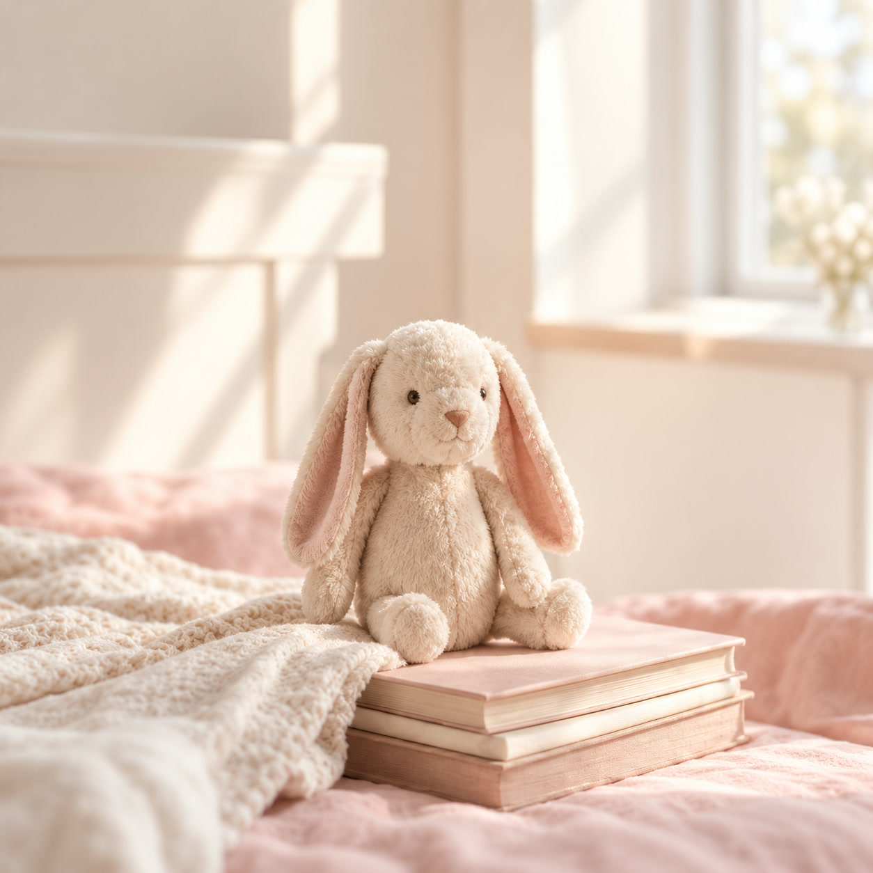 Plush bunny toy on soft pink bedding