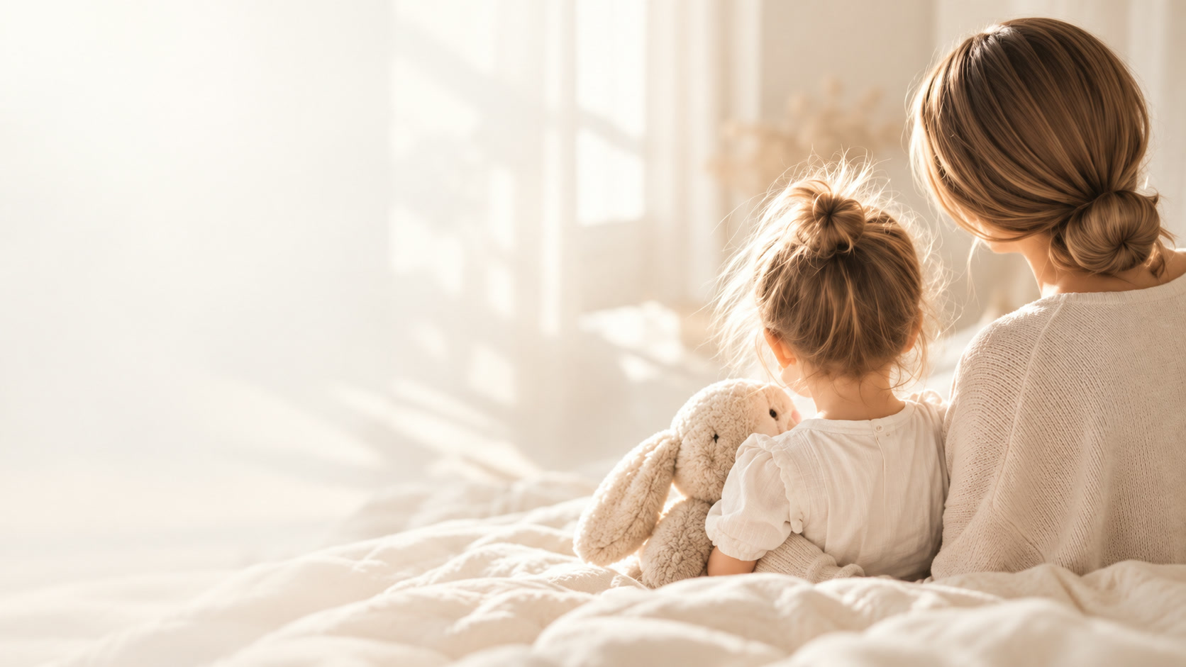 Mother and daughter in cream knitwear embracing in a bright room