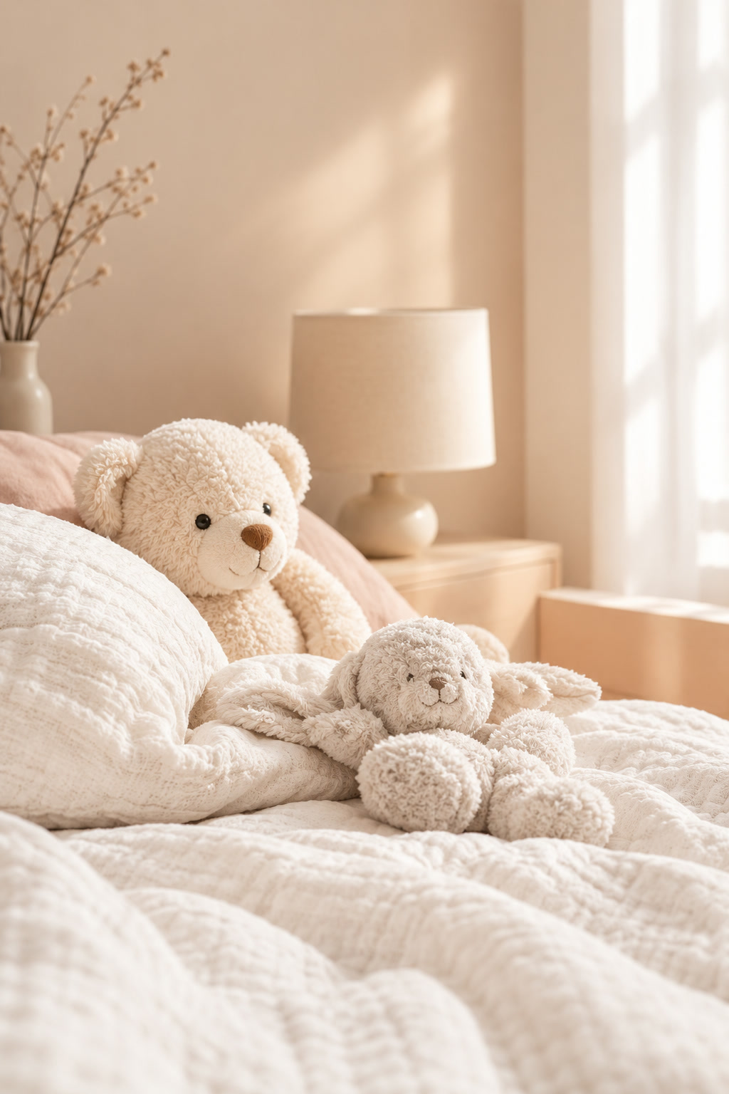 Teddy bear tucked into a white bed
