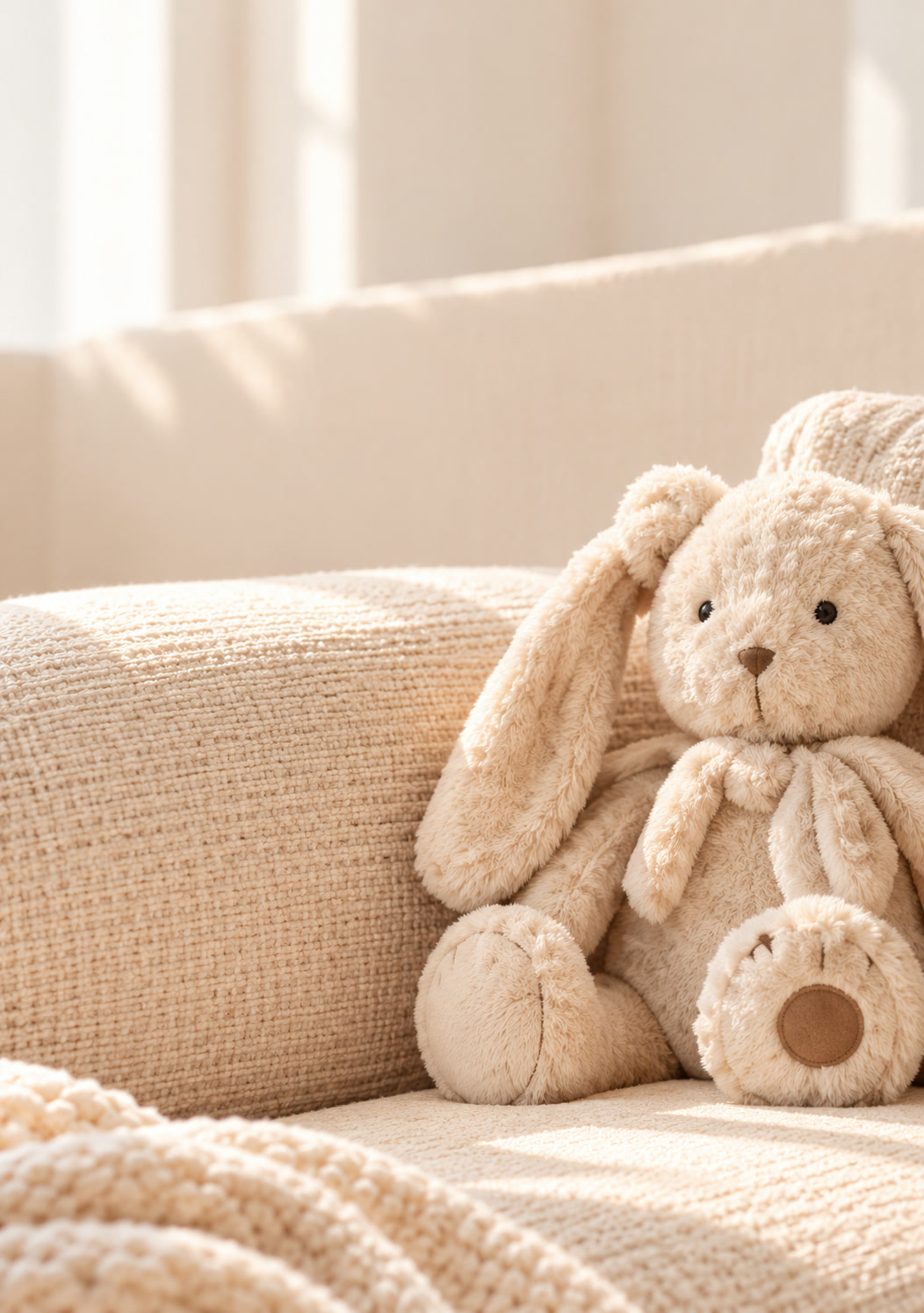 Plush bunny on a cream sofa